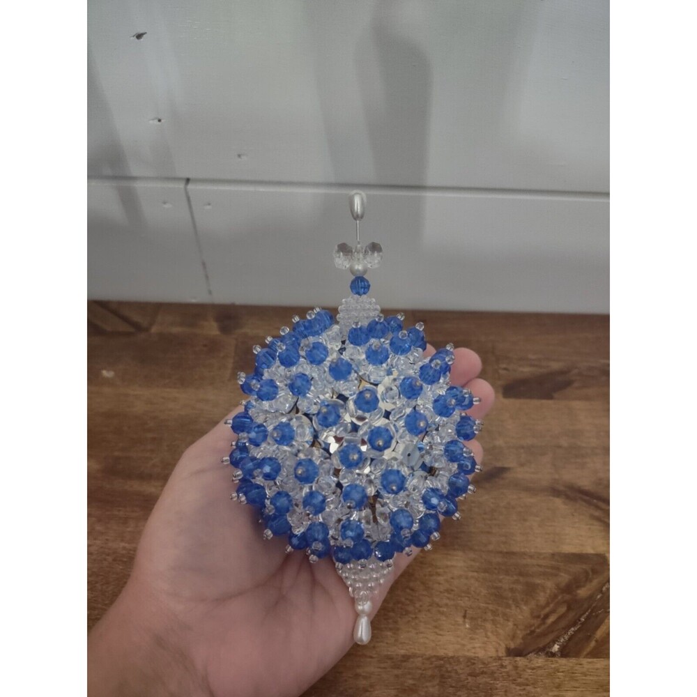 Vintage Atomic Sequin Beaded Push Pin Hand Made Christmas Ornament Blue